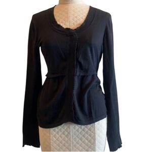 CAbi Black Snap-Front Cardigan Sweater Scalloped Hem Long Sleeve Size Large